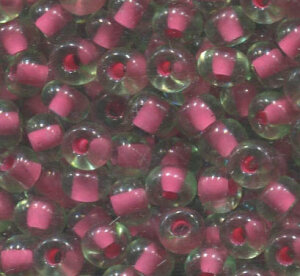 250gr.4mm Rocailles Grün mit Pinkroteinzug   80698